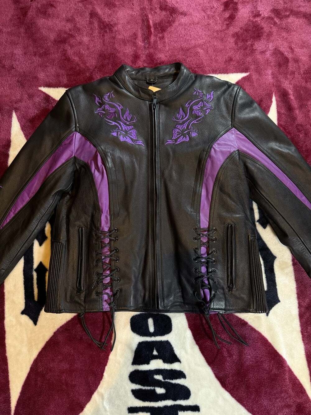 One Stop Biker Shop Women's Black and Purple Embroidered Leather Motorcycle Jack